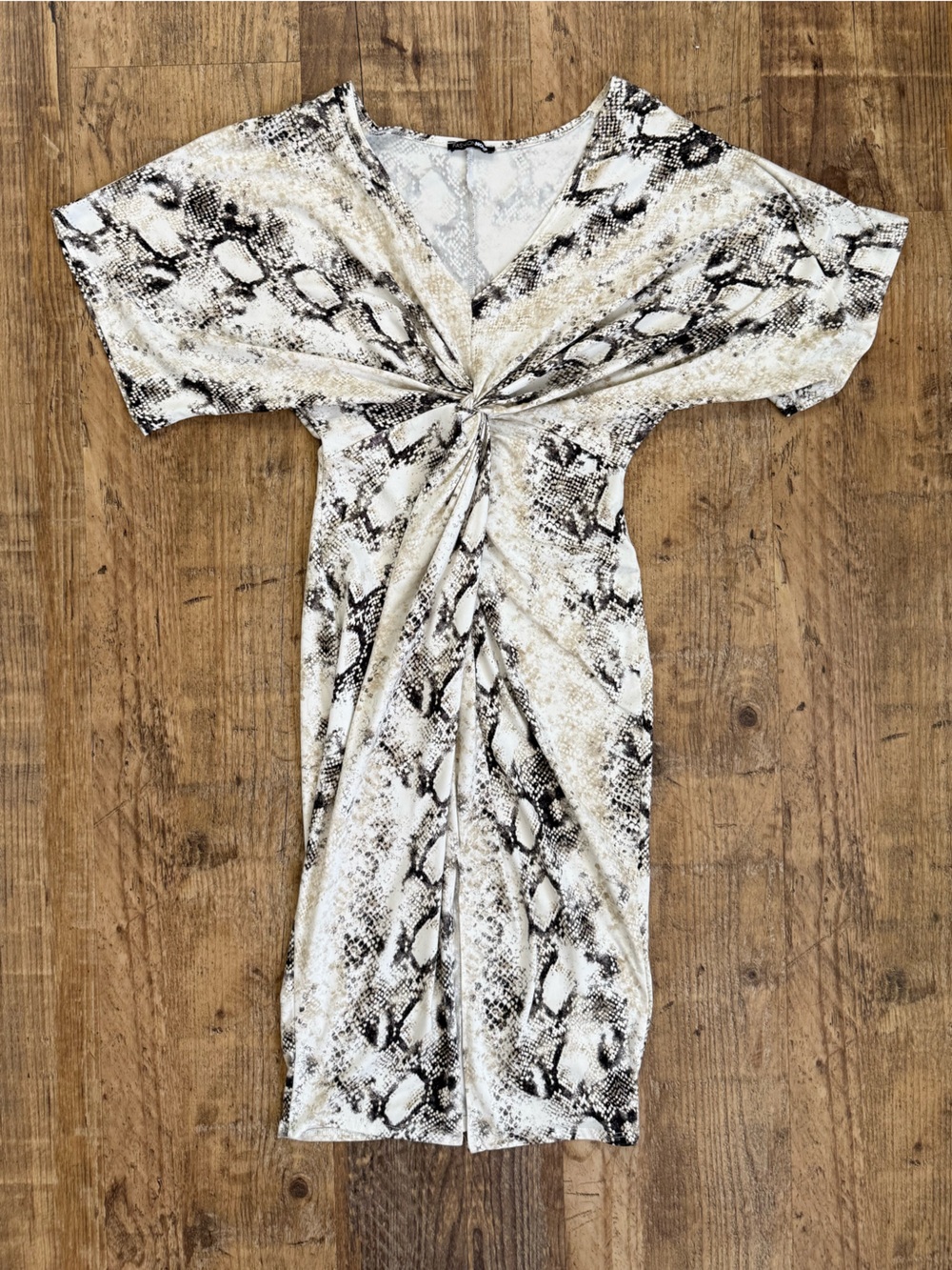 Fashion Nova Cream and Black Snake Print Twist Front Dress